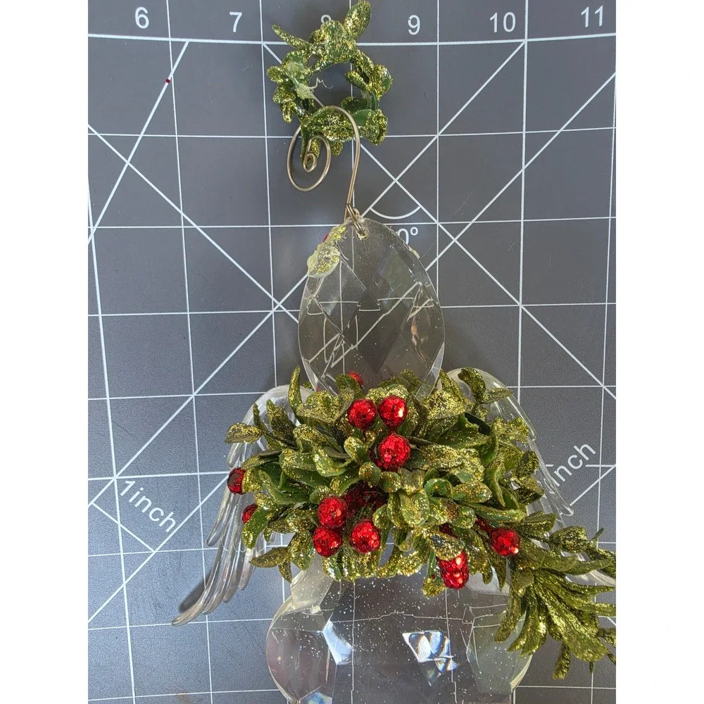 Acrylic Ganz Angel Christmas Ornament Faceted Clear Red Berries Green Glitter